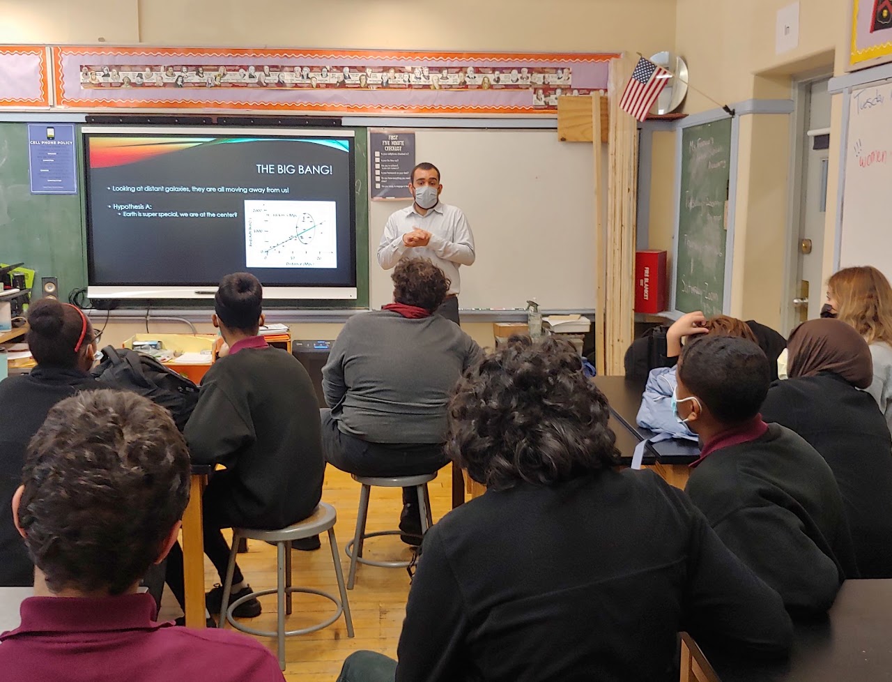 Speaking to high school students about cosmology at Pioneer Charter School of Science in Everett, MA.